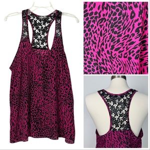 Guess Pink and Black Animal Print Tank Top with Black Lace